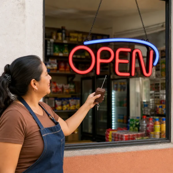 Letrero luminoso LED OPEN Royal OS3 colgado en la ventana de una tienda vecinal en Ciudad de México, parpadeando en modos con