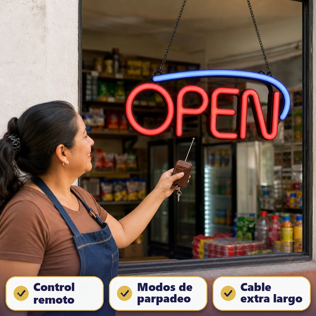 Letrero luminoso LED OPEN Royal OS3 colgado en ventana de tienda vecinal en Ciudad de México, parpadeando.