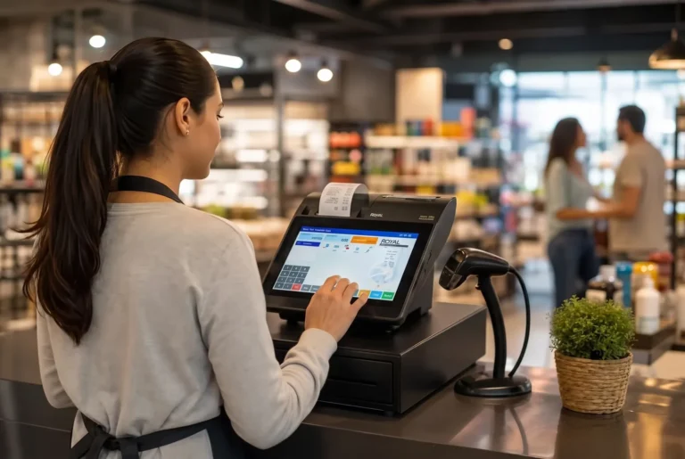 Cajera registrando una venta en el punto de venta Royal POS1500, junto a un lector de código de barras, en una tienda