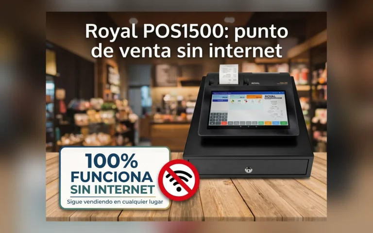Punto de venta Royal POS1500 sobre un mostrador, con el mensaje «100 % funciona sin internet, sigue vendiendo en cualquier lugar»
