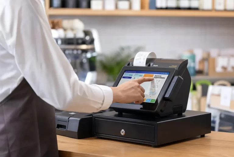 Cajero tocando la pantalla táctil del punto de venta Royal POS1500, con su cajón de dinero, en una cafetería