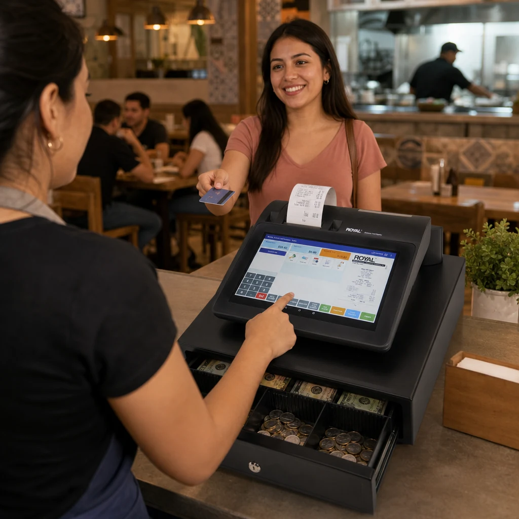 Sistema Royal POS1500 con pantalla táctil en mostrador de restaurante mexicano moderno, cajero cerrando cuenta.