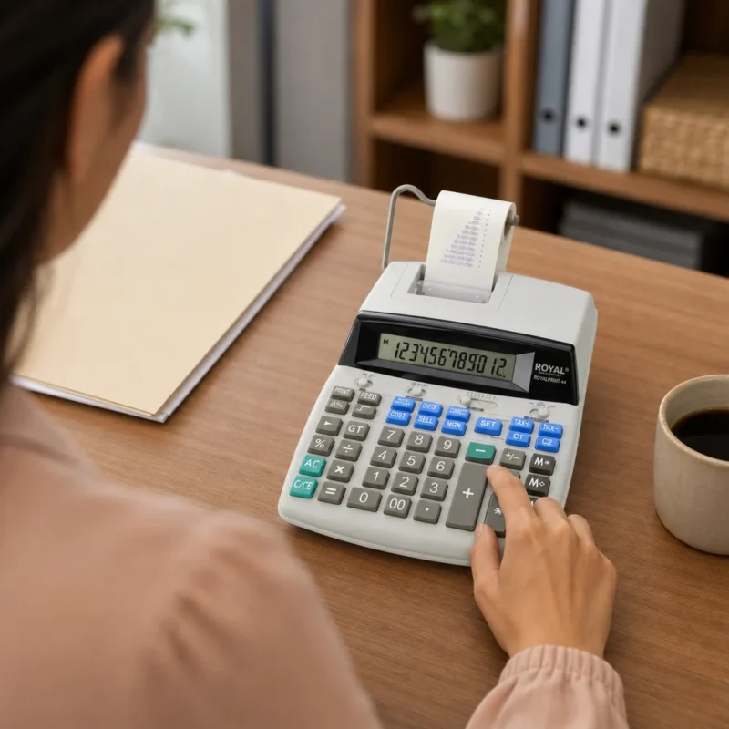 Calculadora Royal Print 44 en escritorio de oficina contable en México, con mujer usando el teclado