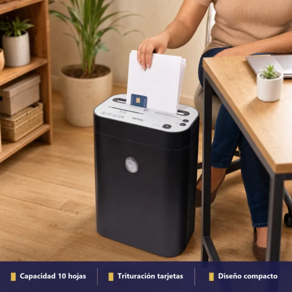 Royal PX100MX en uso en un entorno real: capacidad 10 hojas, trituración tarjetas y diseño compacto