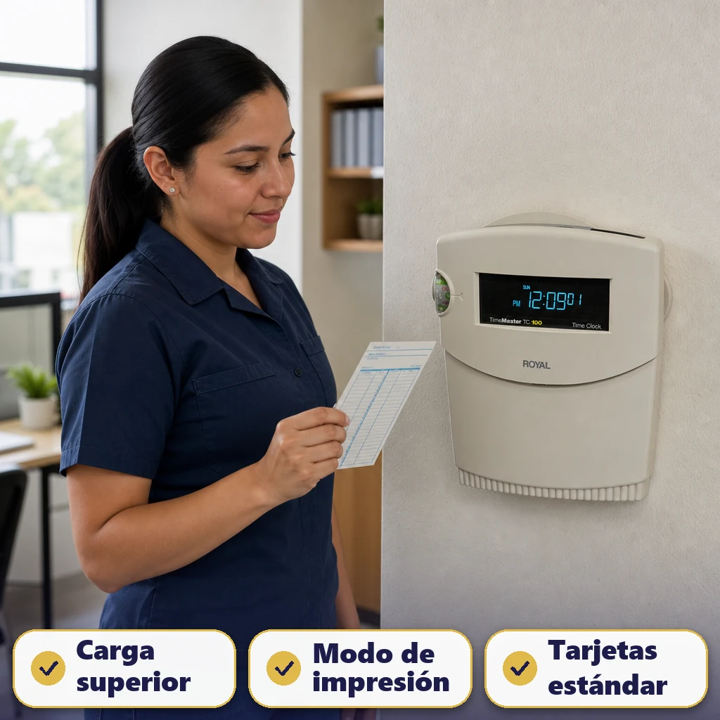 Empleado en oficina mexicana junto a reloj checador Royal TimeMaster TC100 con tarjeta en mano listo para marcar.