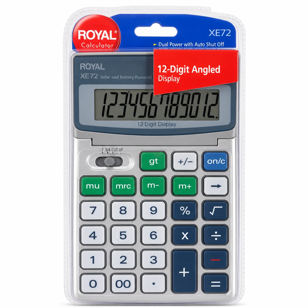 Royal XE72: Calculadora de 12 Dígitos con Pantalla Inclinada y Energía Dual