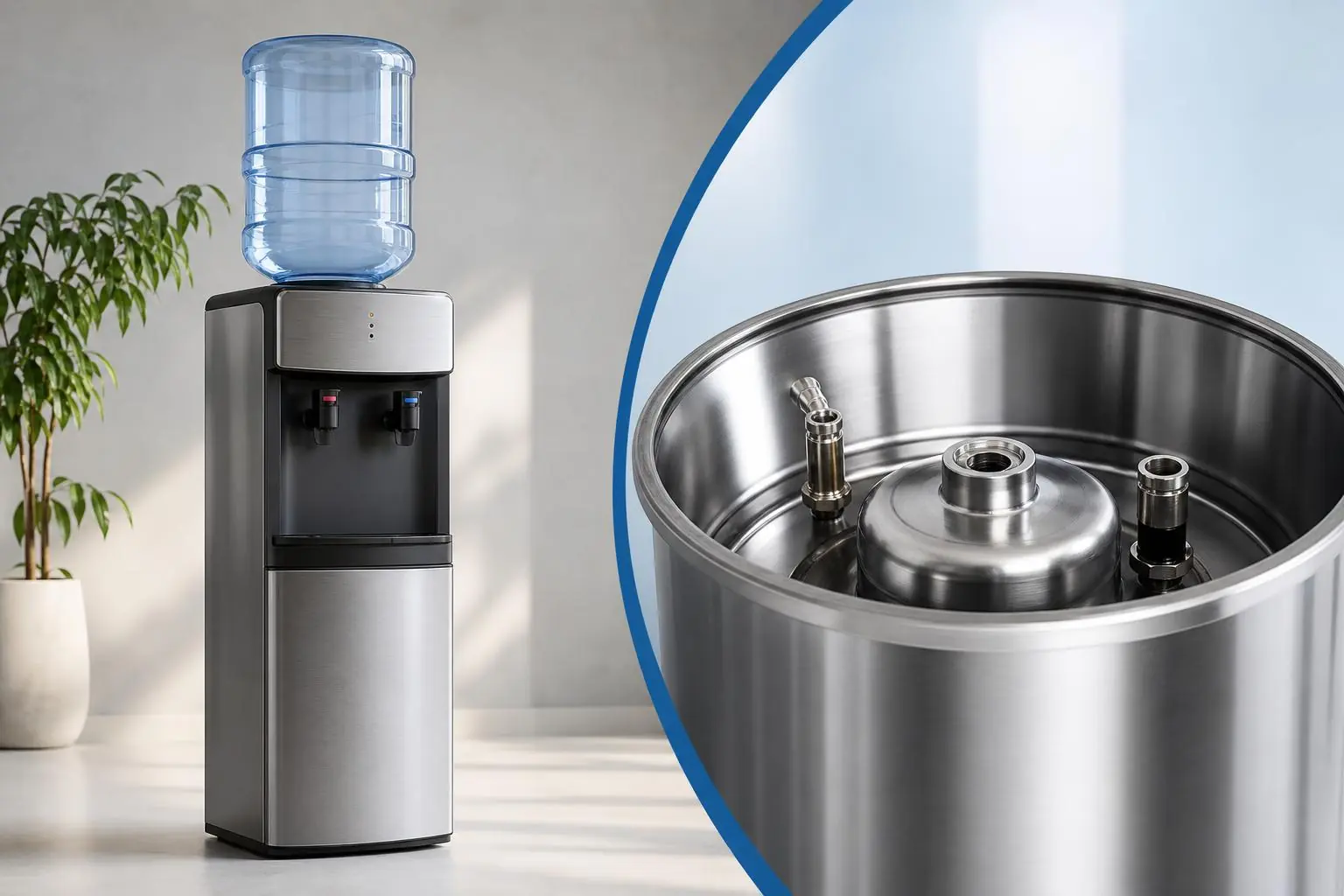 Tanque de acero inoxidable 304 con certificación FDA instalado en un dispensador de agua
