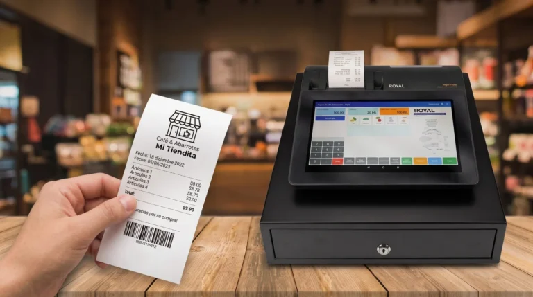 Ticket con el logo y el nombre de una tienda impreso en el punto de venta Royal POS1500