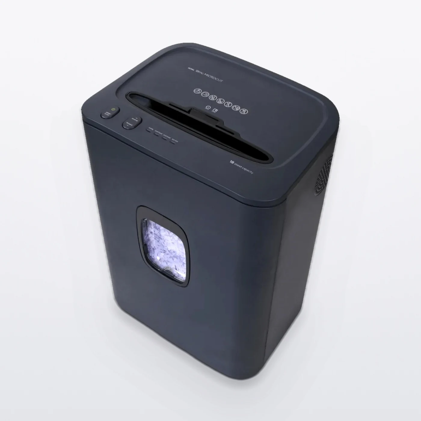 Trituradora de papel Royal 18MC de microcorte para 18 hojas, vista de tres cuartos