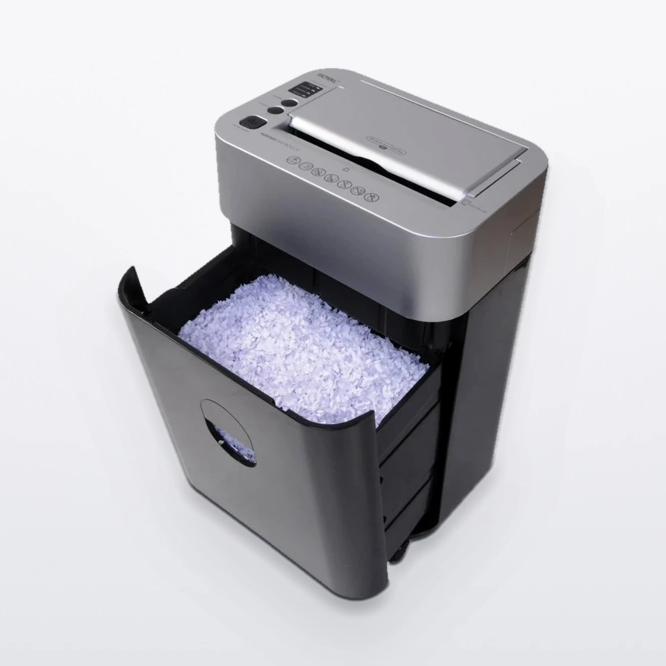 Trituradora Royal AQ9100 con el cesto tipo cajón abierto y lleno de papel en microcorte