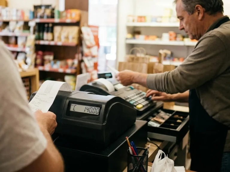 Tendero cobrando en una tienda de abarrotes con el importe a la vista en el visor de la caja registradora